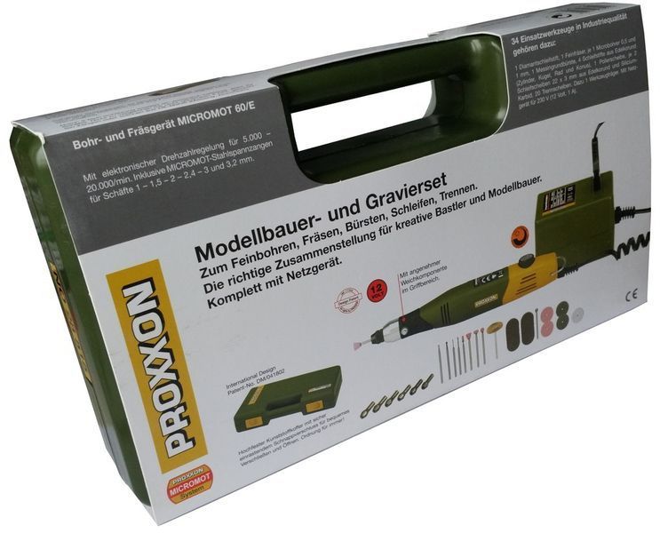Высокоточная бормашина (гравер) Proxxon Micromot 60/E (28515), кейс, 34 расходных инструмента, Германия 28515 фото