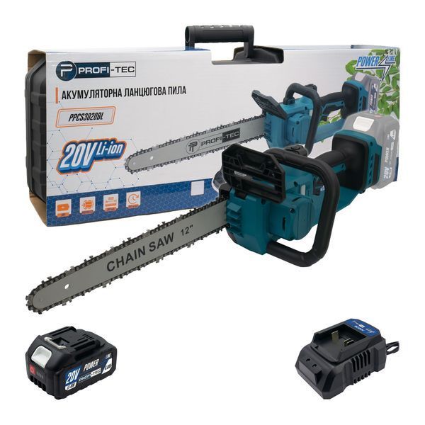 Акумуляторна ланцюгова пила PROFI-TEC PPCS3020BL POWERLine: з АКБ 20V 4.0 Аh, шина 30 см 006298 фото