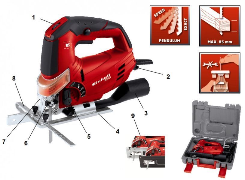 Професійний електричний ручний лобзик (електролобзик) Einhell TC-JS 85 : 620 Вт, 3000 об/хв, глибина різу 85мм (4321140) 4321140 фото