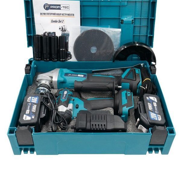 Набор аккумуляторных инструментов PROFI-TEC Combo Set 2 POWERLine DGA20BL+DTW500BL: с АКБ 2шт-20V 5.0Ач+ЗУ 005936 фото