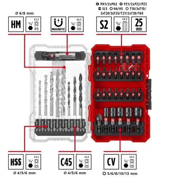 Профессиональный набор ударных бит и сверл einhell 39 шт, m-case (108759) 108759 фото