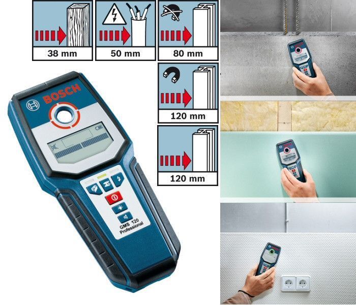 Детектор скрытой проводки металла (металлодетектор) Bosch GMS 120 : 120мм искатель проводов 0601081000 фото
