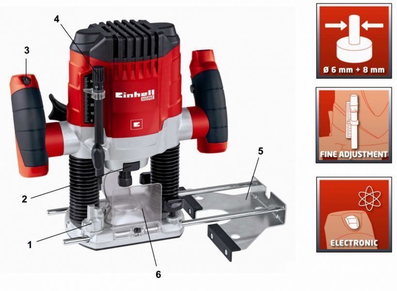 Електричний ручний столярний фрезер по дереву Einhell TC-RO 1155 E : 1100 Вт, 6-8 цанга, 30000 об/хв електрофрезер (4350470) 4350470 фото