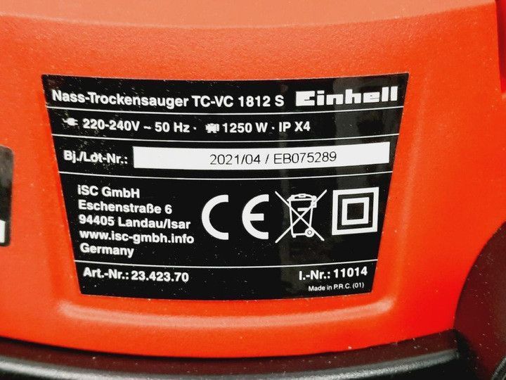 Промышленный пылесос, выдув/вдув 180 мБар, 12л, 1250 Вт Einhell TC-VC 1812 S 2342370 фото