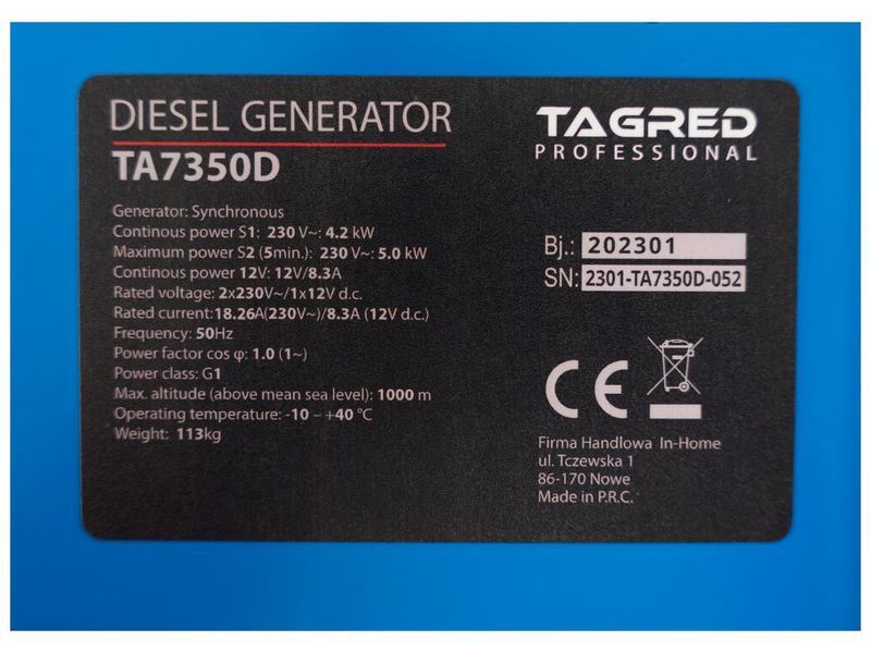 Дизельний генератор до 5 кВт TAGRED TA7350D (220В) Стартер TA7350D фото
