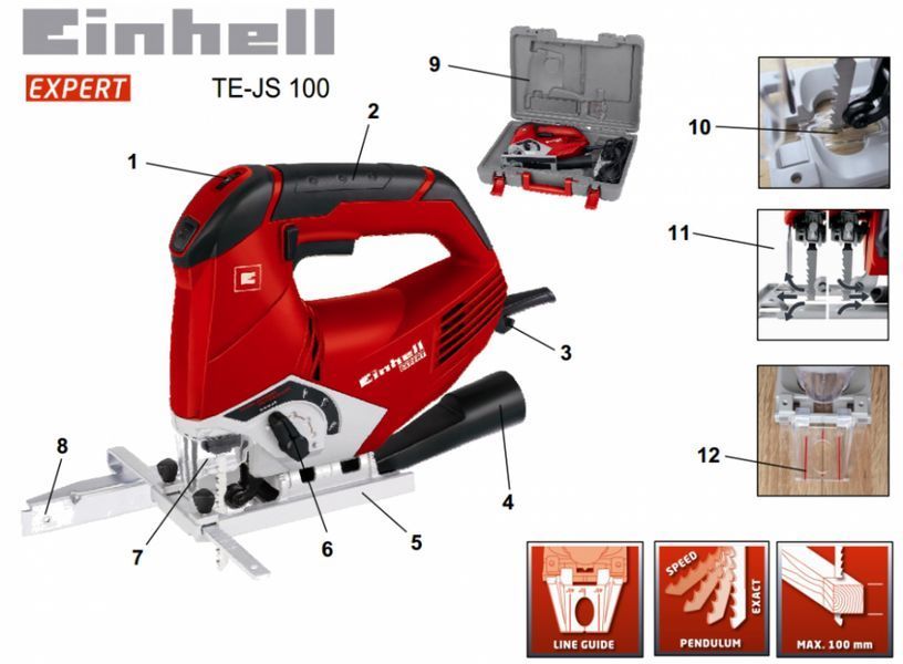 Профессиональный электрический ручной лобзик Einhell TE-JS 100 : 750 Вт, 3000 об/мин 4321160 фото