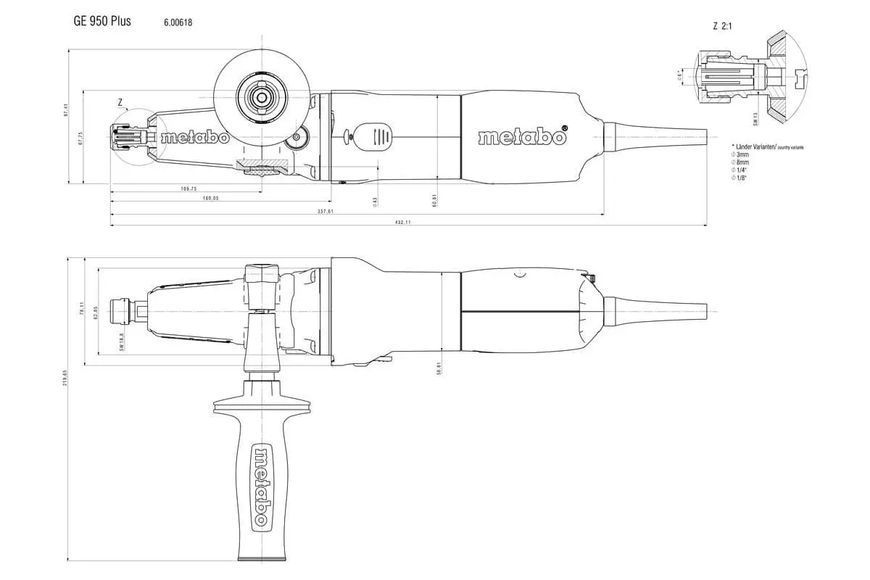 Професійна пряма шліфувальна машина Metabo GE 950 G Plus : 950 Вт, об.х.х. 8700 об/хв, цанга 6мм, вага 1.7 кг 600618000 фото