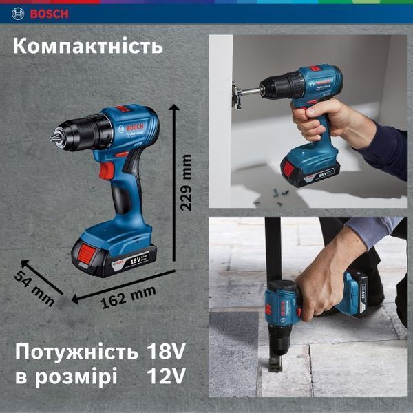 Аккумуляторная бесщеточная дрель-шуруповерт Bosch GSR 185-LI Professional : 2 АКБ 18V 2.0Ah + З/П 06019K3000 фото