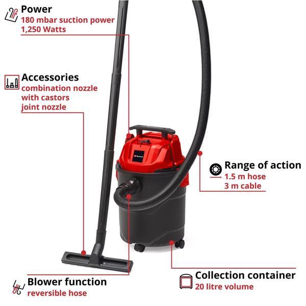 Потужний пилосос будівельний Einhell TC-VC 1820 : 1250 Вт, 180 мБар, 20л (2342480) 2342480 фото