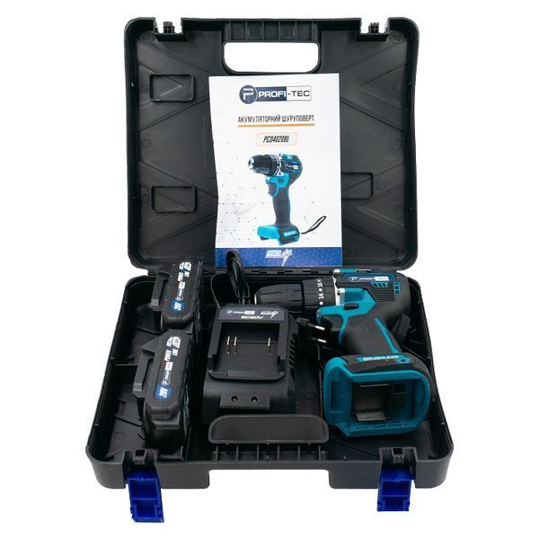 Акумуляторний шуруповерт PROFI-TEC PCD4020BL POWERLine : з АКБ 2 шт-20V х 2.0 Ah + ЗП, 40 Нм 005937 фото