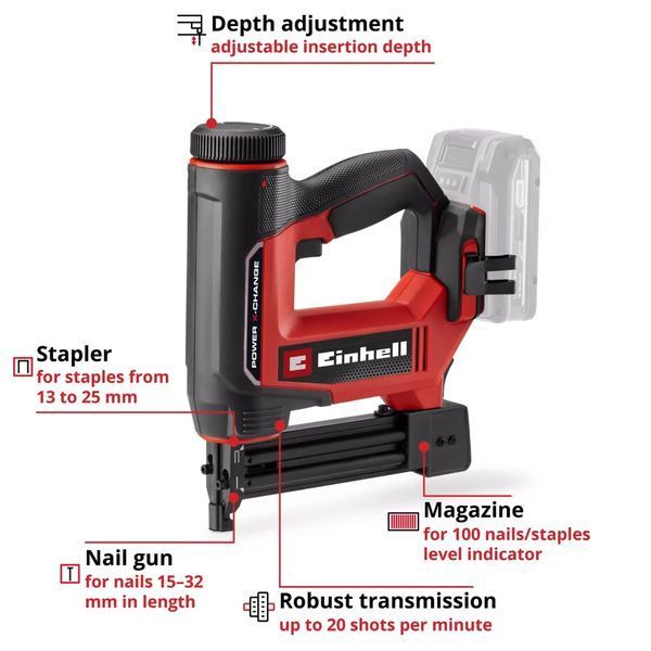 Степлер аккумуляторный Einhell TE-CN 18/32 Li - Solo (18В/каркас) 4257800 фото