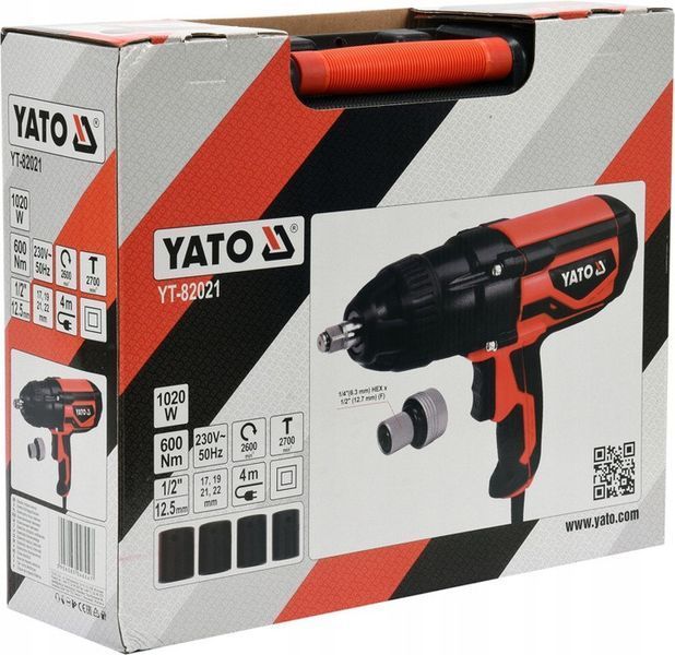 Ударный гайковерт YATO 1/2" 1020 Вт 600 НМ, 2600 об/мин + 4 головки и кейс YT-82021 фото