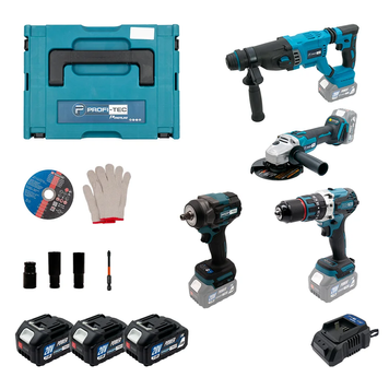 Акумуляторний набір інструментів PROFI-TEC Combo Set 4/5 POWERLine (DHP485BL, PBH201, DGA20BL, PTW502) (3&times;АКБ (4.0 Аг), зарядне) 007044 фото