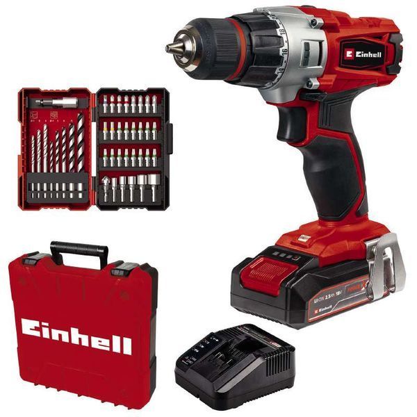 Мощный шуруповерт Einhell TE-CD 18/2 Li+39: с АКБ 18В 2,5Аh, набор бит и сверл 39шт, 1250 об.мин 4514219 фото