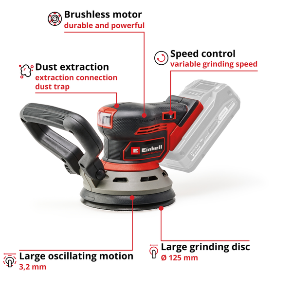 Мощная шлифмашина эксцентриковая бесщеточная аккумуляторная Einhell TP-RS 18/32 Li BL - Solo: без АКБ,125мм 4462020 фото