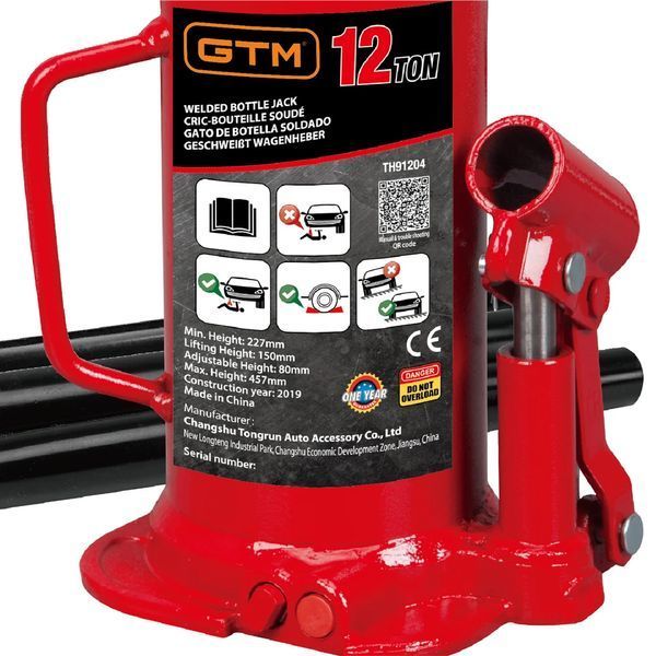 Домкрат гидравлический 12т GTM TH91204 бутылочный одноштоковый: высота подъема 460 мм, грузоподъемность 12 т 32917 фото