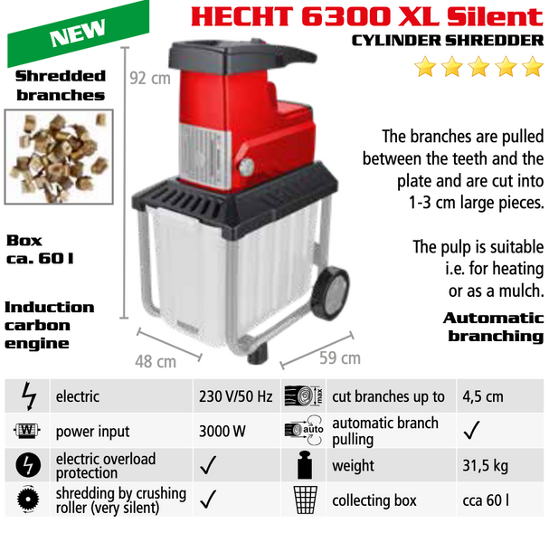 Садовий фрезерний подрібнювач гілок HECHT 6300 XL SILENT (безщітковий 3 кВт, гілки до 45 мм) HECHT6300XLSilent фото