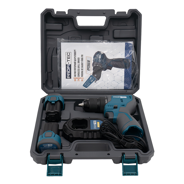 Акумуляторний шуруповерт 55 Нм PROFI-TEC PPCD5516 (2&times;акумулятора(2.0 Аг), зарядние, кейс)) 007152 фото